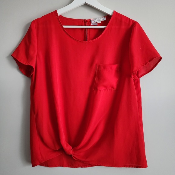 Pink Rose Tops - PINK ROSE‎ Red Blouse Womens Medium Short Sleeve Knot Front Chest Pocket Shirt